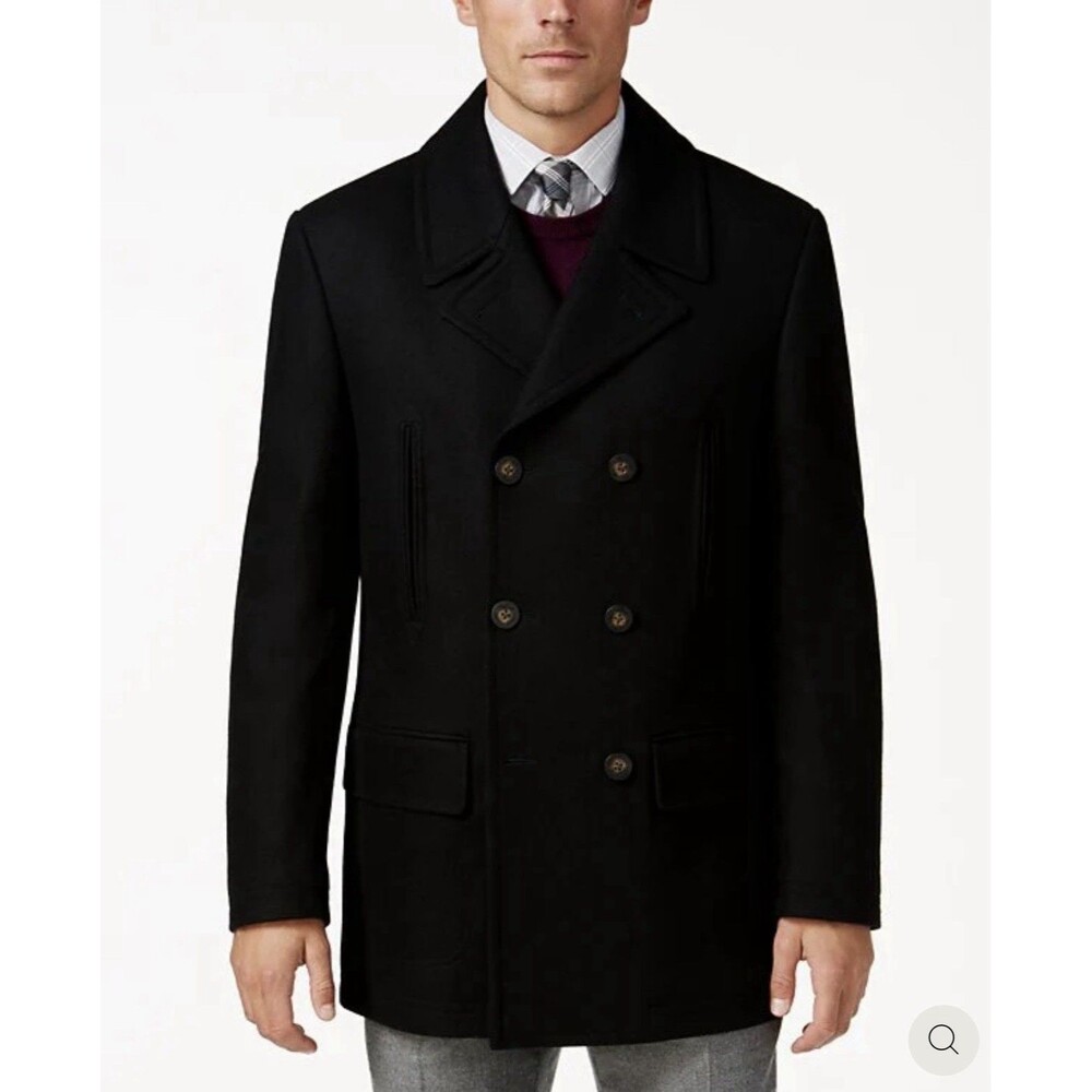 MICHAEL KORS MEN BLACK CLASSIC FIT DOUBLE-BREASTED WOOL BLEND PEACOAT NWT $395